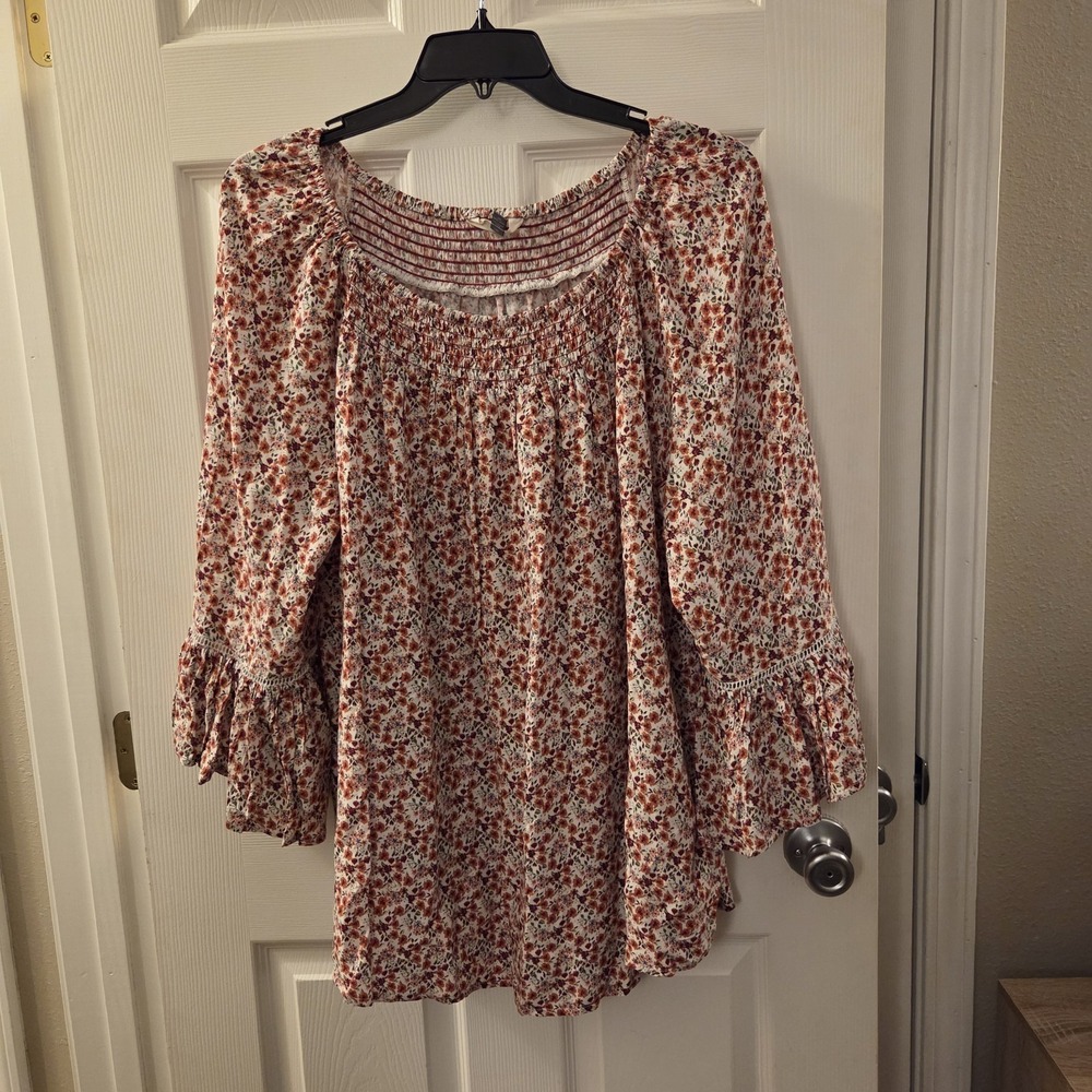 Terra & Sky sz 1X red ditsy floral flowy tunic top bell slv rayon cottagecore